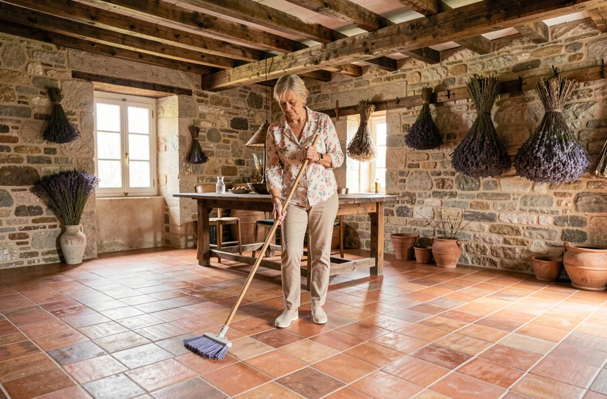 Femme en train de faire le ménage dans une grande maison de campagne française avec sol en carrelage terracotta