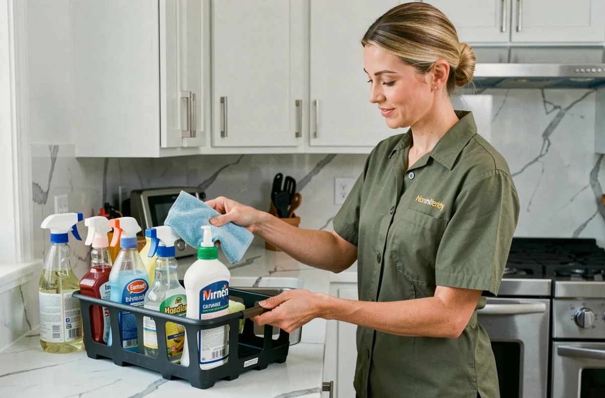 Femme de ménage en uniforme avec logo brodé organisant ses produits de nettoyage dans une cuisine moderne