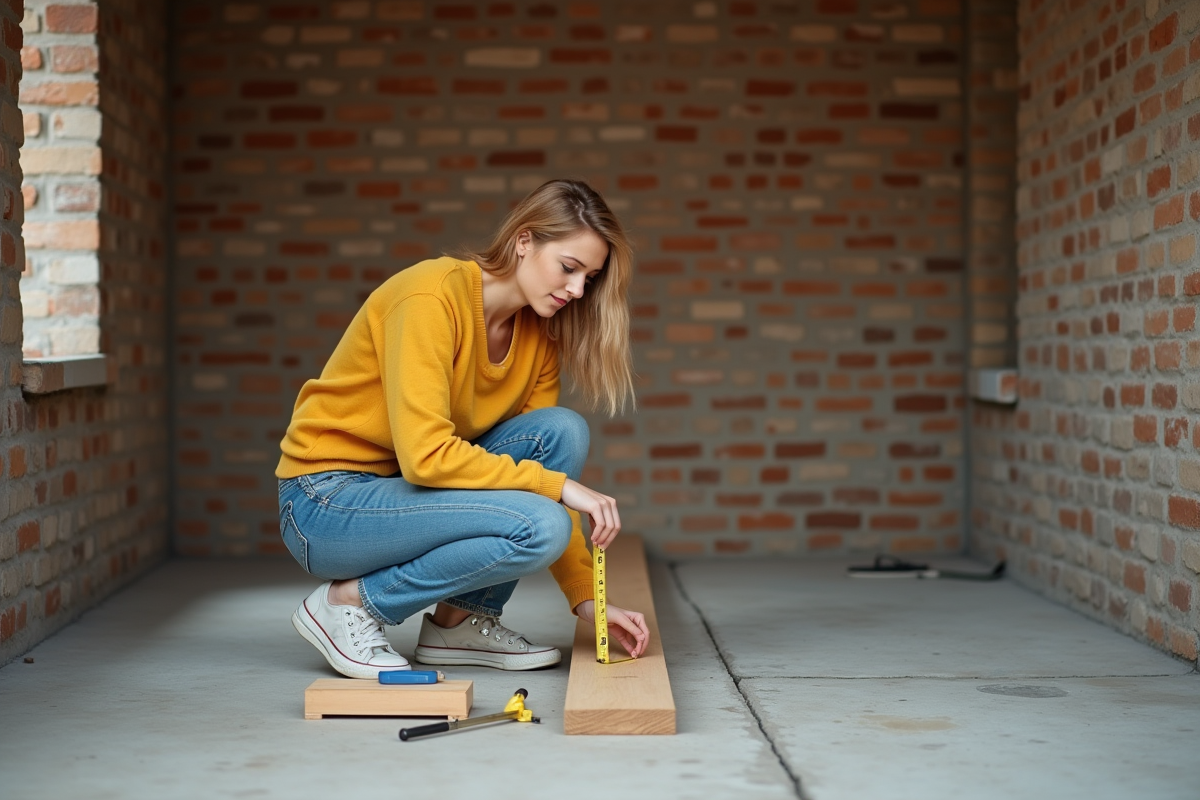 Jeune femme mesurant une planche dans un garage en construction