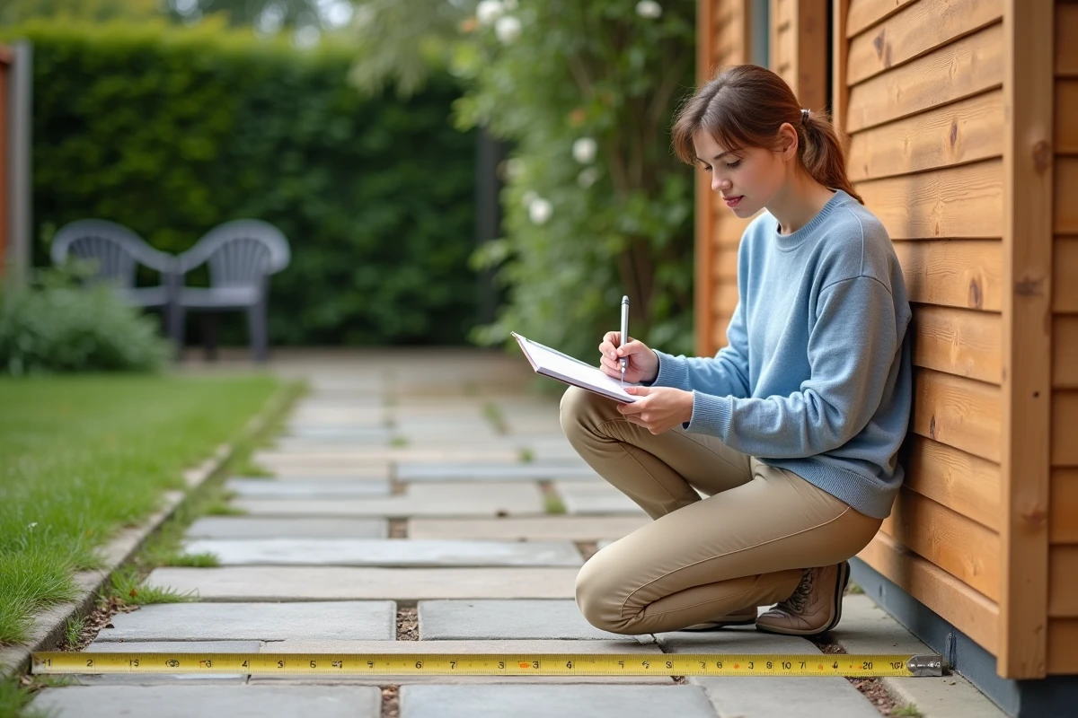 Jeune femme prenant des mesures dans un jardin avec une r&egrave;gle