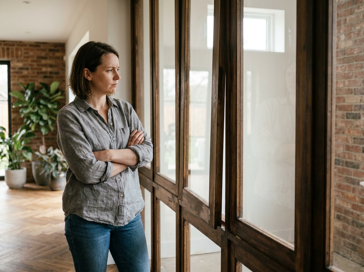 Femme observant d'un regard critique une verrière intérieure en bois mal posée et déséquilibrée dans une maison rénovée
