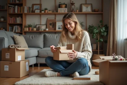 Femme organis&eacute;e emballant des livres dans un salon chaleureux