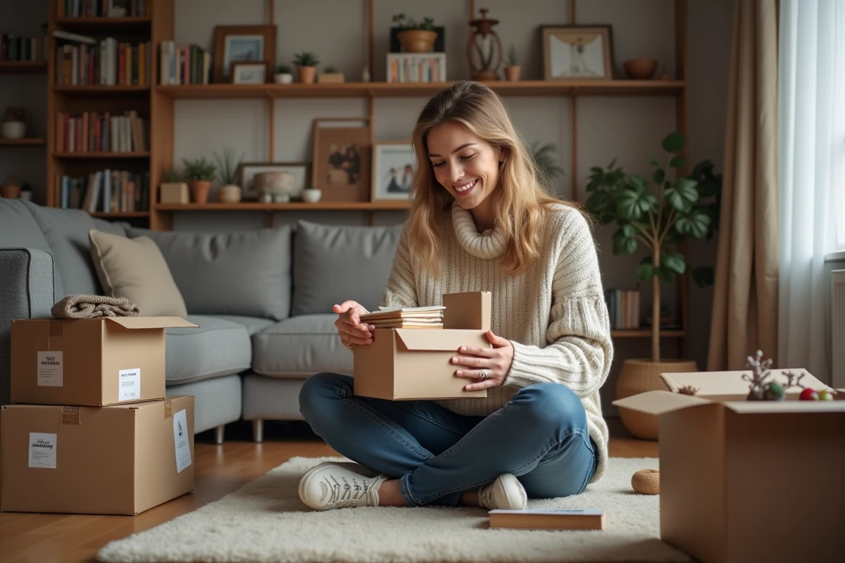 Femme organisée emballant des livres dans un salon chaleureux