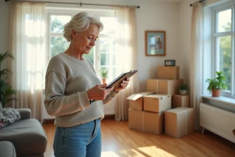 Femme d'âge moyen vérifiant un clipboard dans un salon organisé