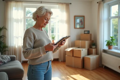 Femme d'&acirc;ge moyen v&eacute;rifiant un clipboard dans un salon organis&eacute;