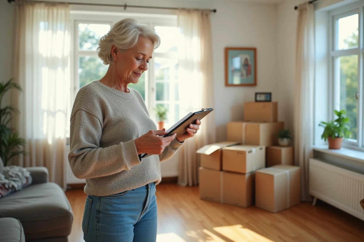 Femme d'âge moyen vérifiant un clipboard dans un salon organisé