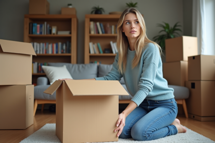 Femme examinant une grande boîte dans un salon organisé