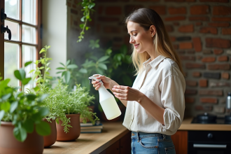 Femme vaporisant une solution antiinsectes sur des plantes vertes