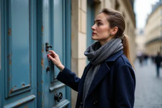 Femme en manteau bleu devant une porte parisienne ancienne