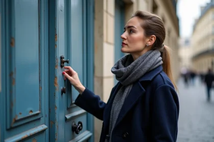 Femme en manteau bleu devant une porte parisienne ancienne