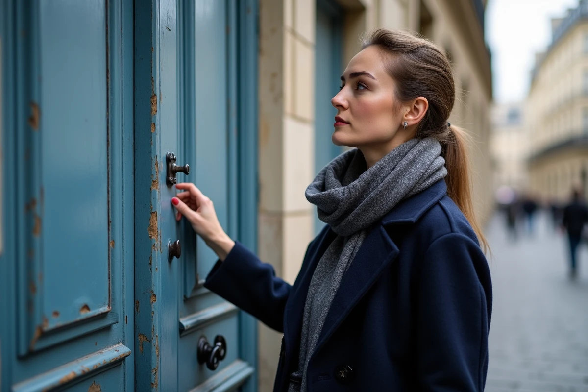 Femme en manteau bleu devant une porte parisienne ancienne