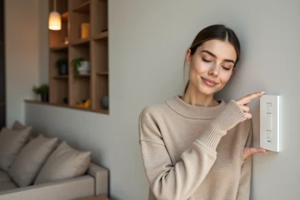 Jeune femme appuyant sur un interrupteur moderne dans un salon