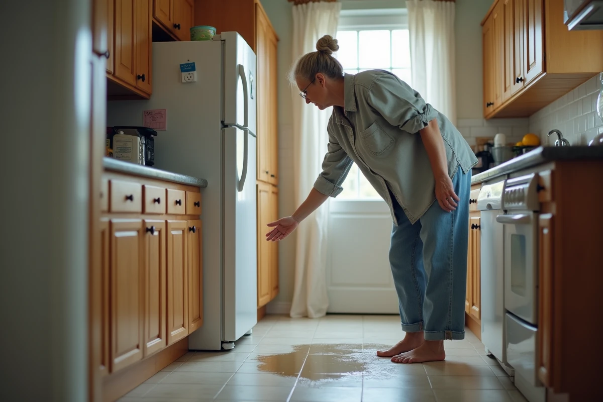 Femme examinant un frigo avec une flaque d'eau au sol