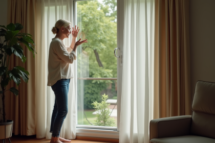 Femme ajustant des rideaux dans un salon chaleureux