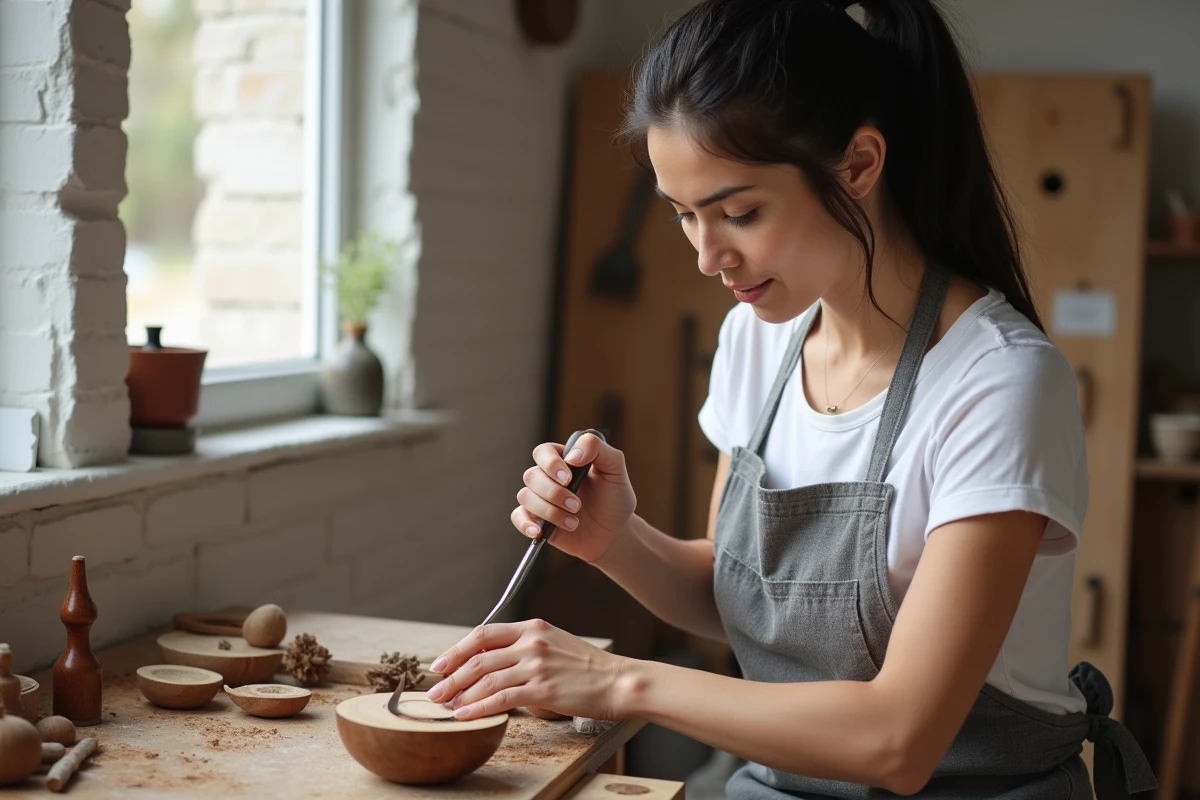Femme sculptrice travaillant le bois avec une gouge courbe en atelier