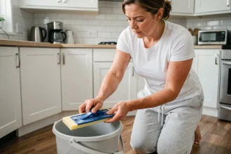 Femme utilisant une serpillière essoreuse au-dessus d'un seau dans une cuisine moderne avec parquet stratifié