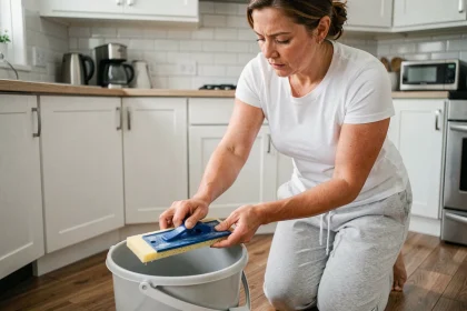 Femme utilisant une serpillière essoreuse au-dessus d'un seau dans une cuisine moderne avec parquet stratifié