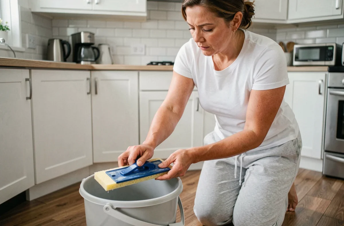 Femme utilisant une serpillière essoreuse au-dessus d'un seau dans une cuisine moderne avec parquet stratifié