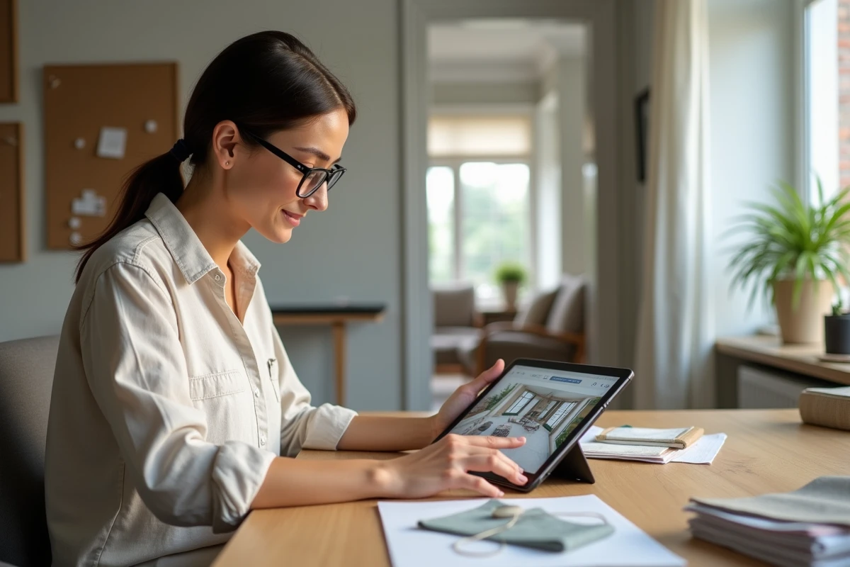 Femme utilisant un simulateur de décoration intérieure sur tablette avant de faire ses achats en magasin