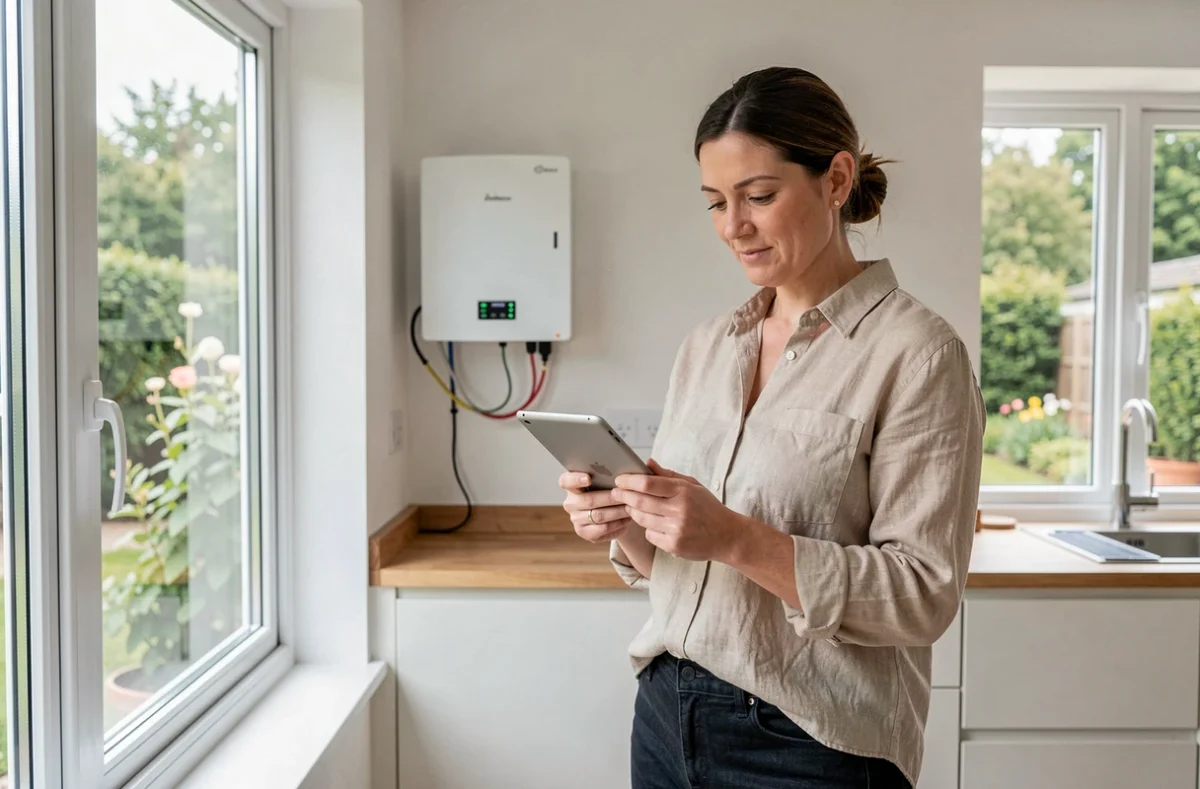 Femme consultant les données énergétiques de son système solaire avec batterie dans sa cuisine moderne