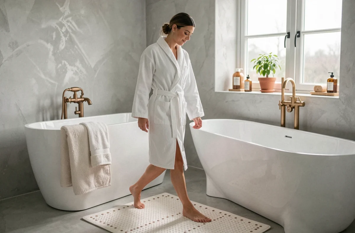 Femme en peignoir utilisant un tapis de bain écologique en coton biologique antidérapant dans une salle de bain scandinave
