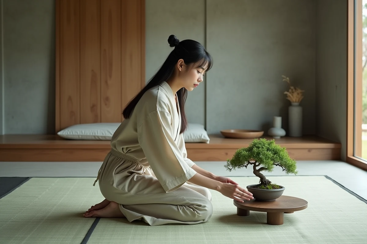 Jeune femme agenouillée sur un grand tapis japonisant motif grues dans une chambre style Japandi avec table basse et bonsaï