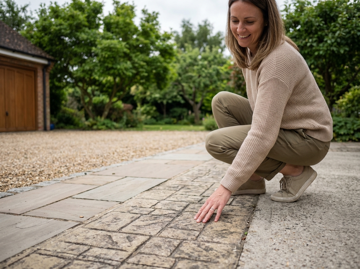 Femme souriante touche le béton décoratif de la cour