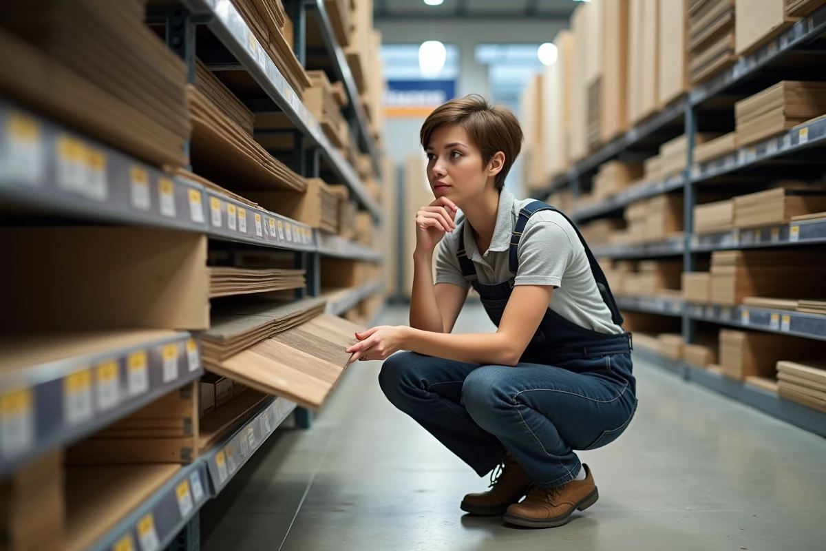 Jeune femme en overalls comparant des rouleaux de PVC en magasin