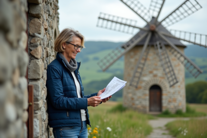 Femme en veste bleue devant un moulin à vent en campagne