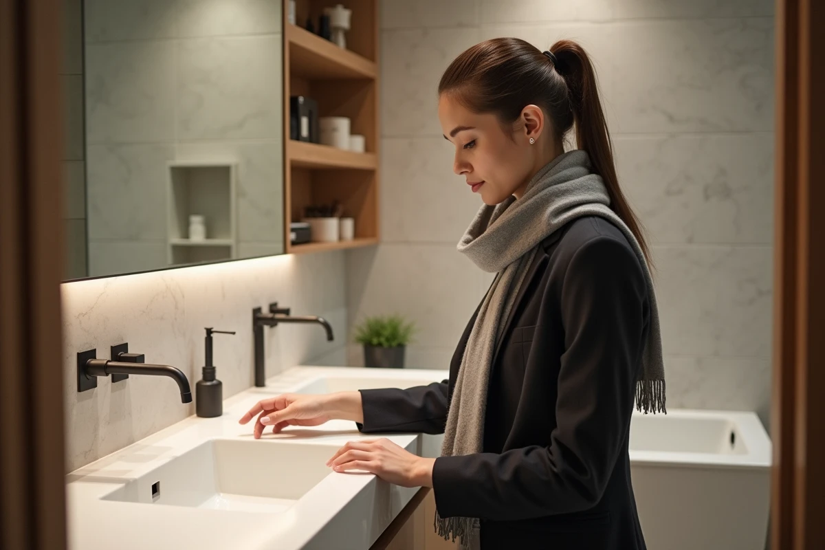 Jeune femme inspecte un évier blanc dans une salle de bain moderne