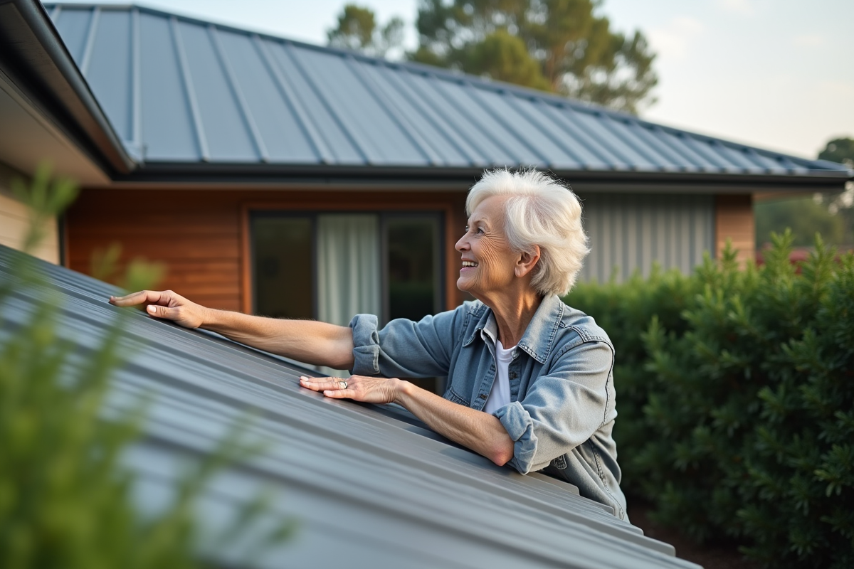 Femme examinant des panneaux de toiture métallique moderne