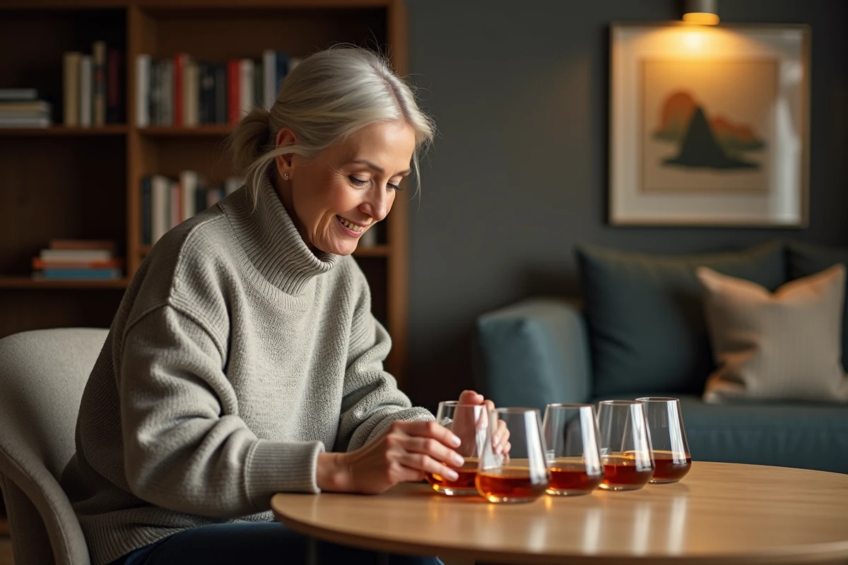 Femme arrangeant des verres de whisky dans un salon moderne