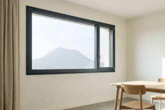 Fenêtre en aluminium anthracite installée dans un appartement rénové à Clermont-Ferrand avec vue sur le Puy-de-Dôme