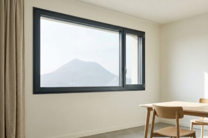 Fenêtre en aluminium anthracite installée dans un appartement rénové à Clermont-Ferrand avec vue sur le Puy-de-Dôme