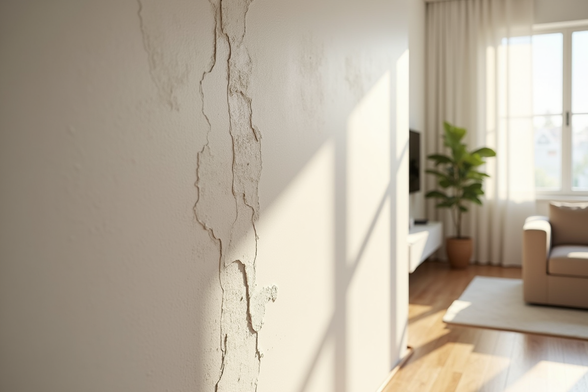 Fissures dans un mur de salon intérieur lumineux