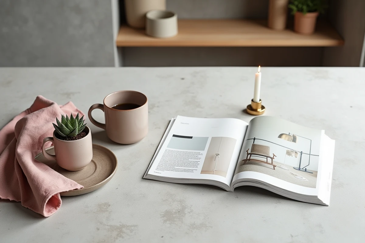 Flat lay décoratif avec magazine d'intérieur, mug en grès, plante succulente et bougeoir en laiton sur table en béton