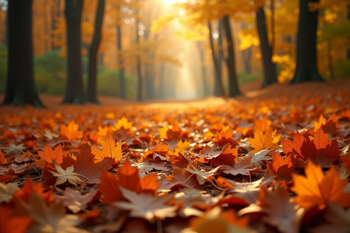 Forêt d'automne avec feuilles colorées au sol et lumière douce