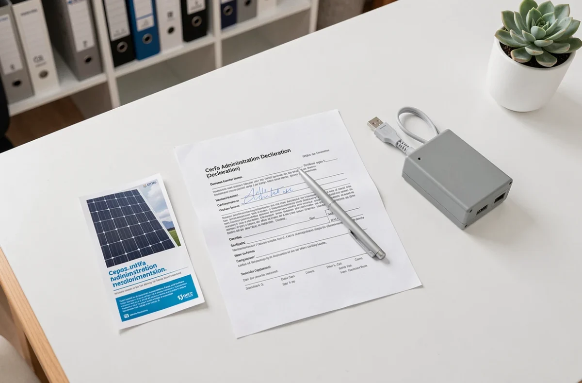 Vue de dessus d'un formulaire de déclaration Cerfa pour panneau solaire plug and play posé sur un bureau avec les accessoires correspondants