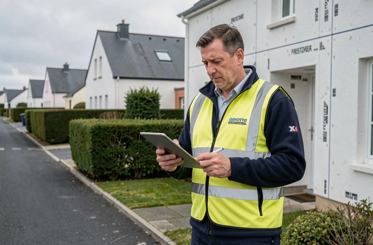 Professionnel Genotal effectuant le contrôle qualité d'une installation d'isolation terminée sur une maison bretonne