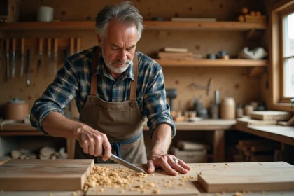 Artisan ébéniste utilisant des gouges à bois sur un établi en atelier