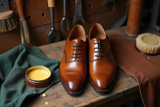 Chaussures en cuir marron sur un établi d'artisan cordonnier avec un pot de graisse naturelle et une brosse à cirer