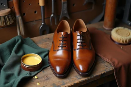 Chaussures en cuir marron sur un établi d'artisan cordonnier avec un pot de graisse naturelle et une brosse à cirer