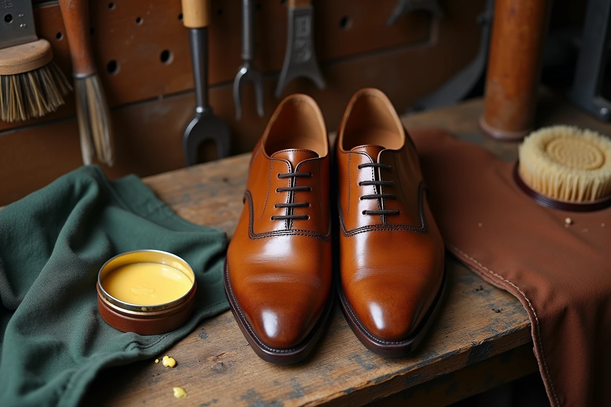 Chaussures en cuir marron sur un établi d'artisan cordonnier avec un pot de graisse naturelle et une brosse à cirer