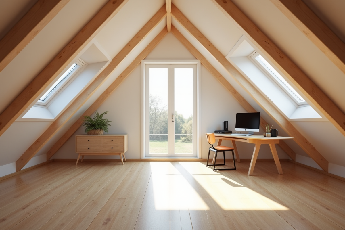 Grenier aménagé lumineux avec bureau minimaliste