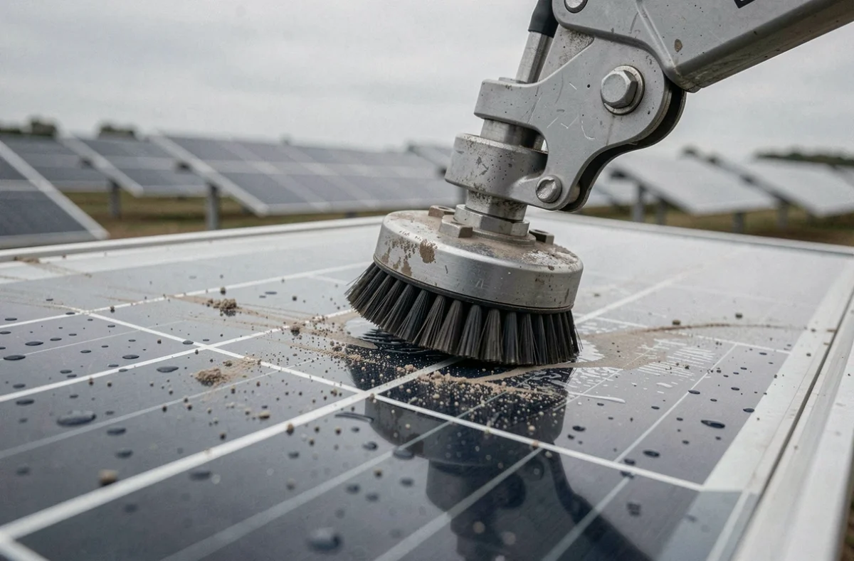 Gros plan sur le mécanisme de brosse d'un robot nettoyeur de panneaux solaires en action