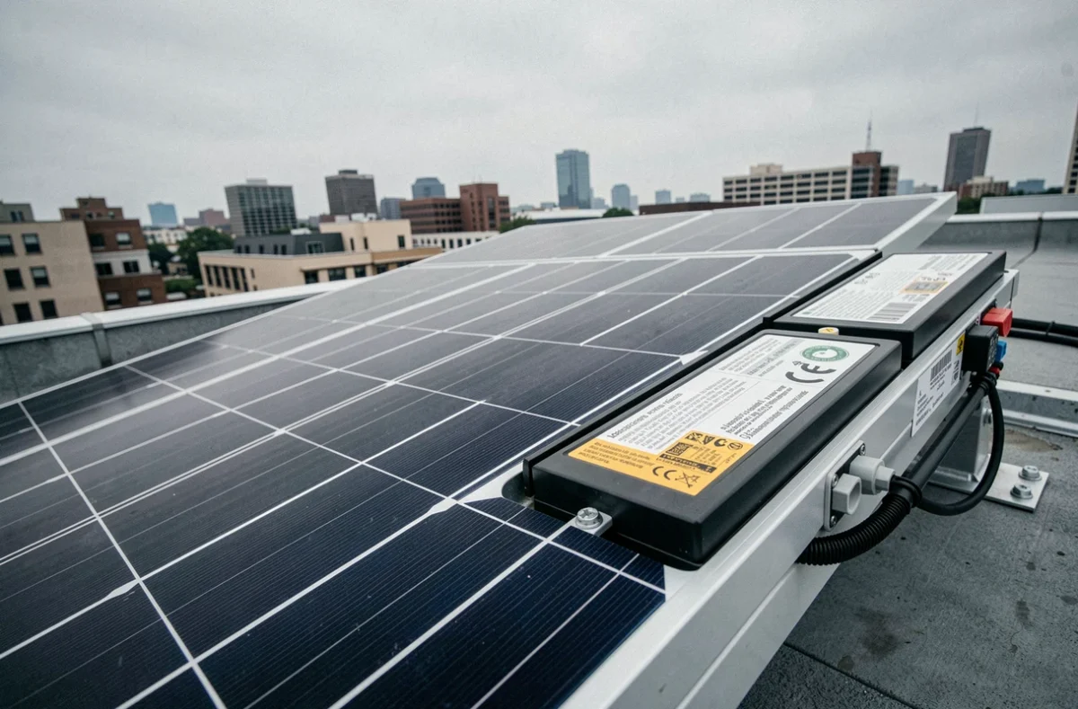 Gros plan d'un panneau solaire avec batterie intégrée installé sur un toit commercial en milieu urbain