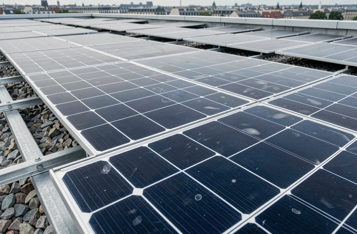 Gros plan sur des panneaux solaires monocristallins sur un toit commercial en France