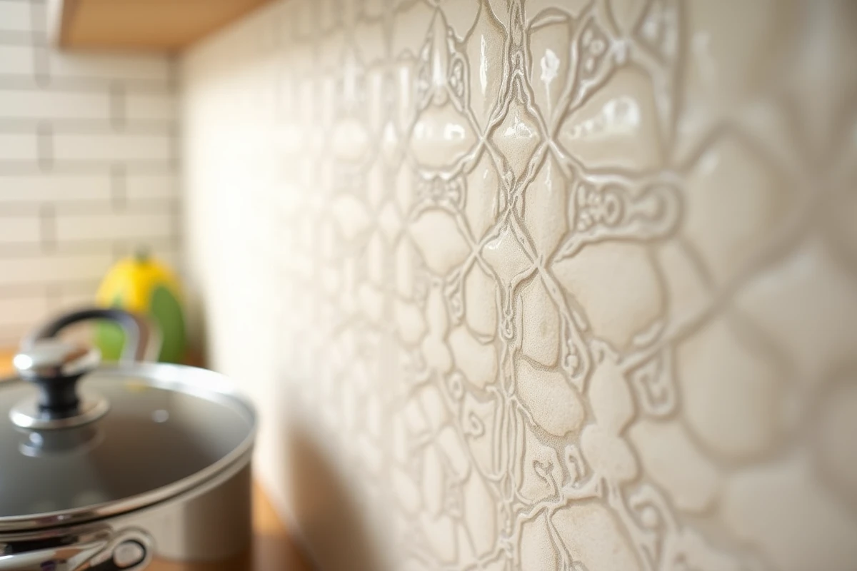 Gros plan sur un papier peint beige lavable à motif géométrique en cuisine avec gouttes d'eau