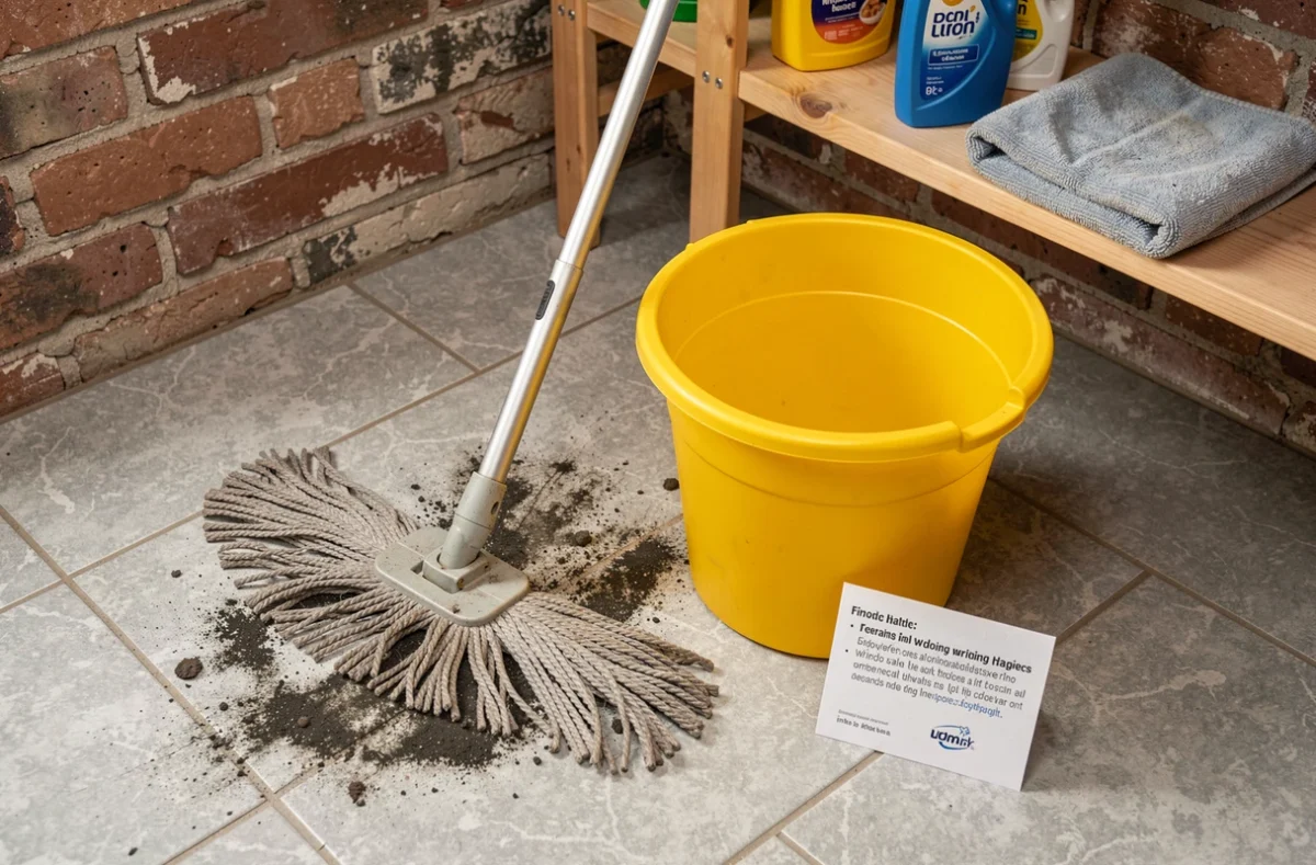 Gros plan d'une tête de serpillière essoreuse usée avec résidus sur carrelage en pierre et seau essoreuse jaune
