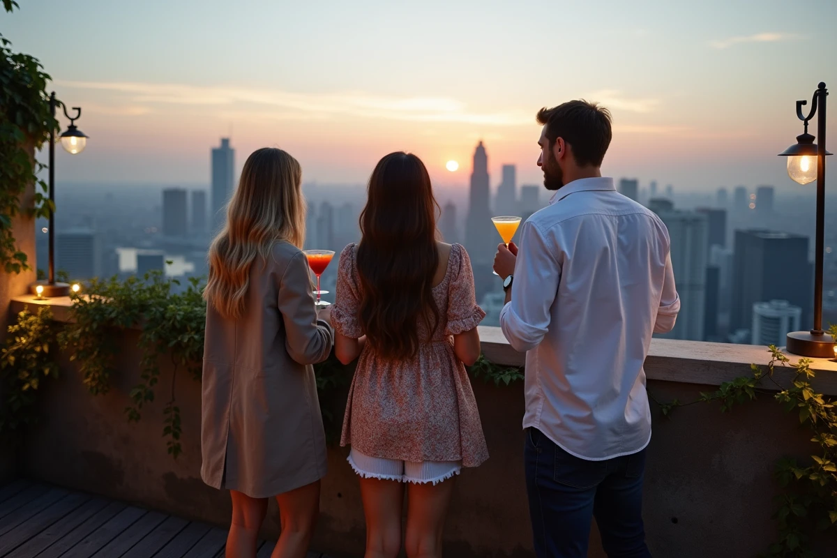 Groupe d'amis profitant d'un rooftop bar en soirée avec vue sur les toits de la ville et ambiance conviviale